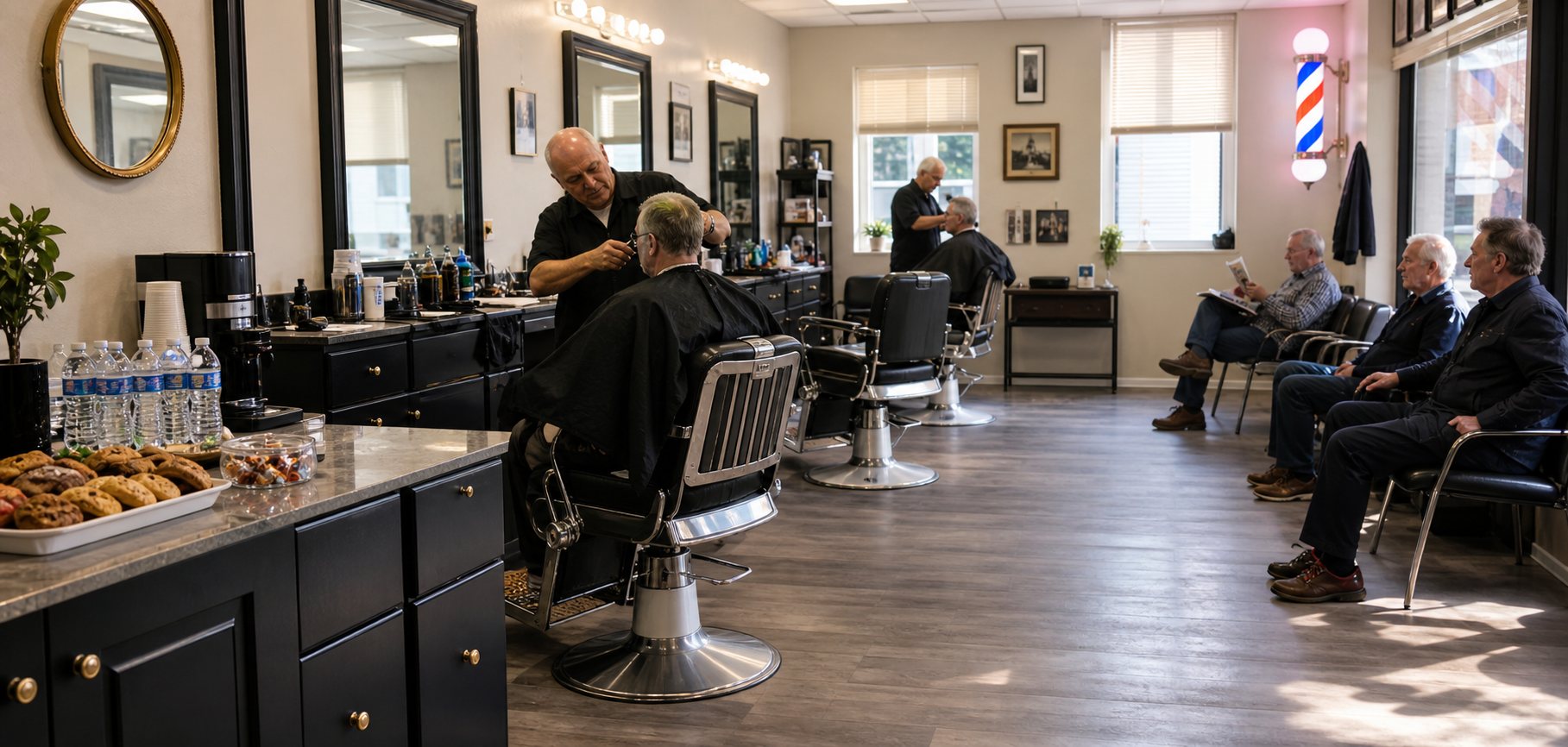 Inside a classic family-owned barber shop with chairs, mirrors, regulars, water, and cookies