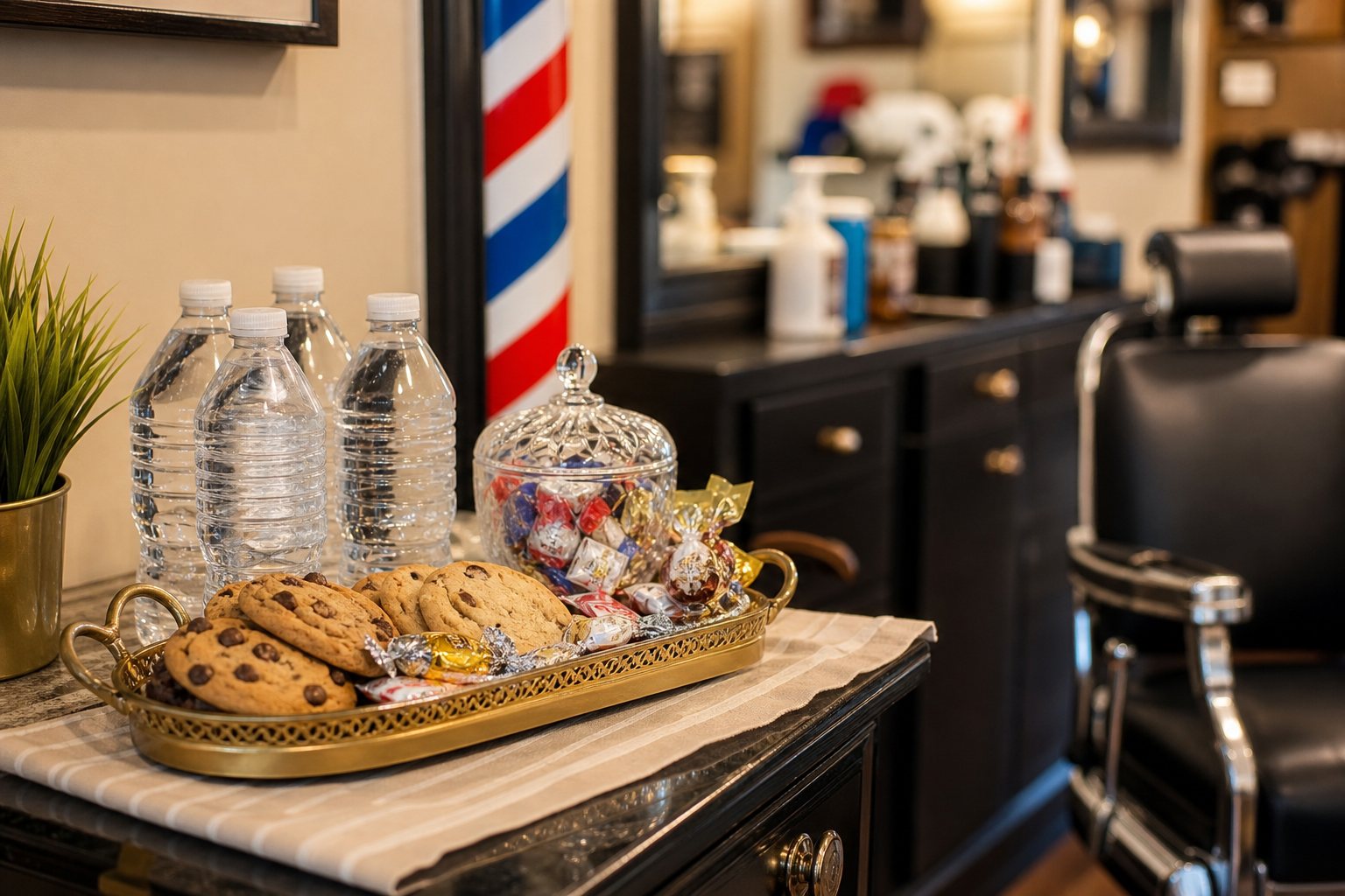 Cookies, sweets, and water offered inside the shop